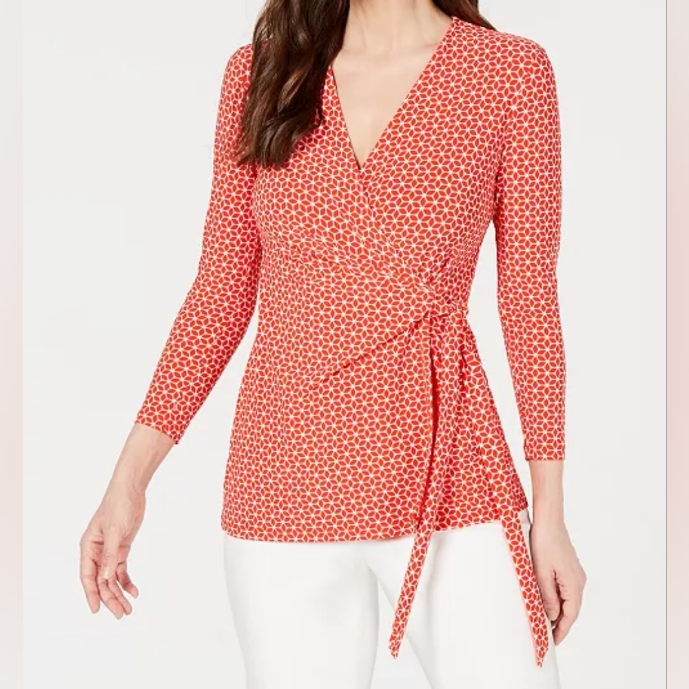 Anne Klein Red Geometric Wrap Top